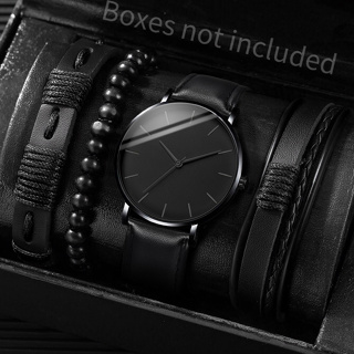 男士手錶時尚超薄刻度錶盤石英手錶男士皮帶腕錶+皮手鍊套裝（不含盒子）