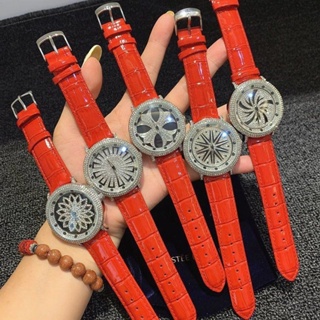 知恩 現貨 爆款 紅色時來運轉手錶女 學生 韓版 簡約 時尚 大表盤 滿鑽旋轉皮帶女 腕錶