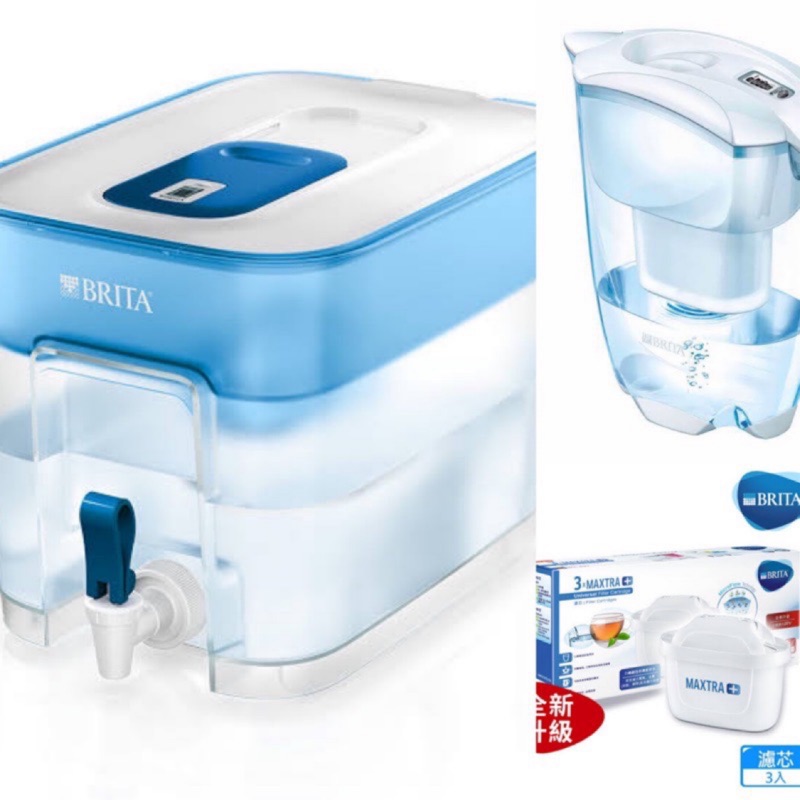 【德國BRITA】Flow濾水箱(藍)+全效型濾芯8入(共9芯) Costco 大容量濾水箱 露營