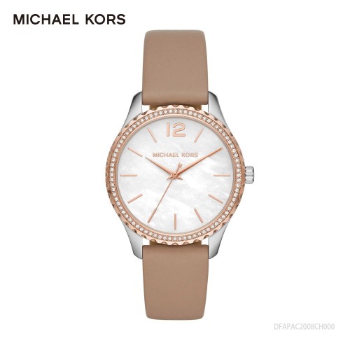 MICHAEL KORS珍珠母貝玫瑰金裸色皮帶腕錶MK2910