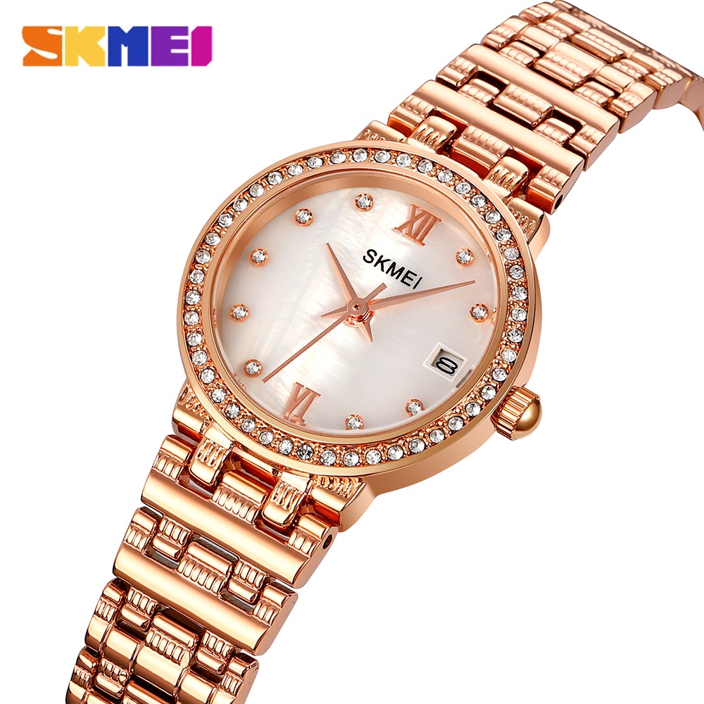 Skmei Q030 頂級品牌石英女士手錶豪華不銹鋼防水手錶小錶盤女士手錶女孩禮物