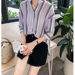 OL襯衫 雪紡衫 防曬薄外套 女裝韓版寬松大碼條紋襯衫女七分袖V領上衣打底襯衣1F165-1620. 衣時尚