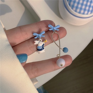 “現貨當天或隔天出貨”藍色蝴蝶結耳環~可愛甜美兔子 不對稱耳環