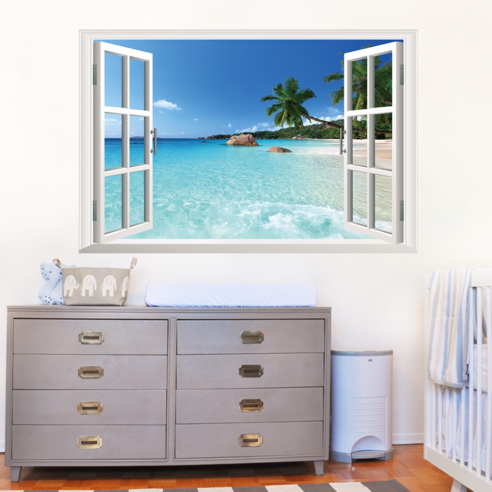 90x60 海景 假窗 椰子樹 戶外風景壁畫  3D無痕壁貼牆貼  臥室客廳組合大牆貼 3D窗景 牆貼
