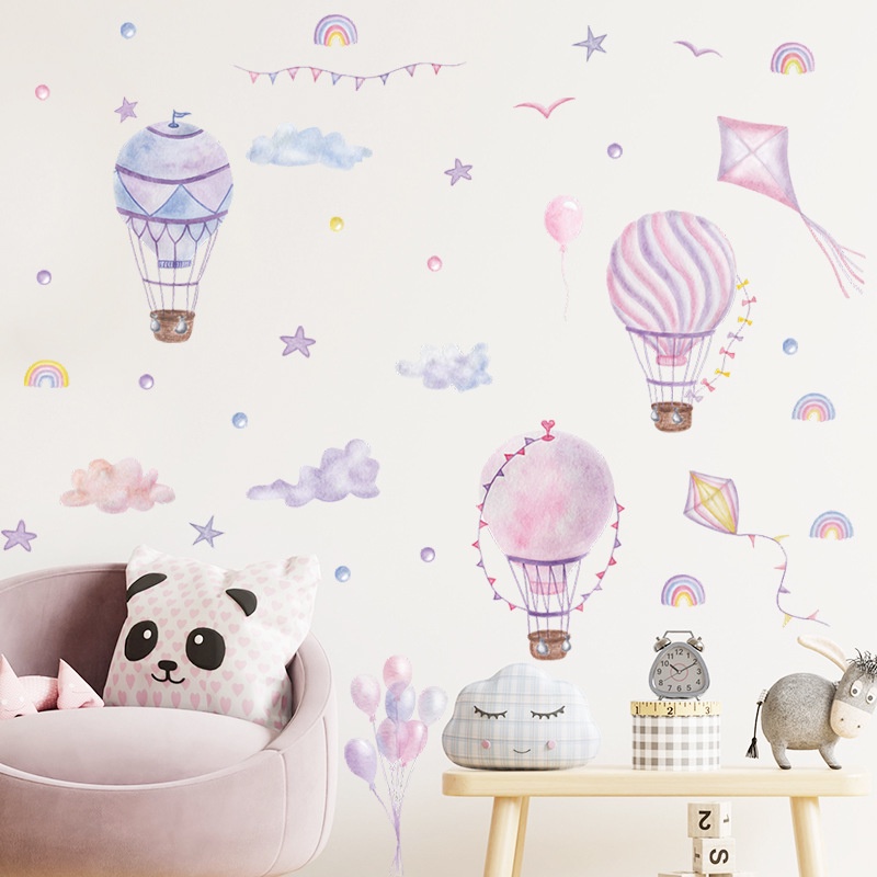 彩繪粉紫色熱氣球風箏雲朵氣球星星彩虹兒童房家居牆面裝飾貼畫