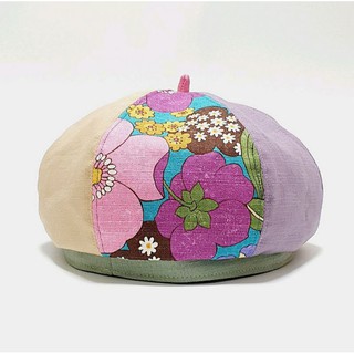 【HiGh MaLi】貝蕾帽/畫家帽－米杏拼紫色+日本椿花+青邊條