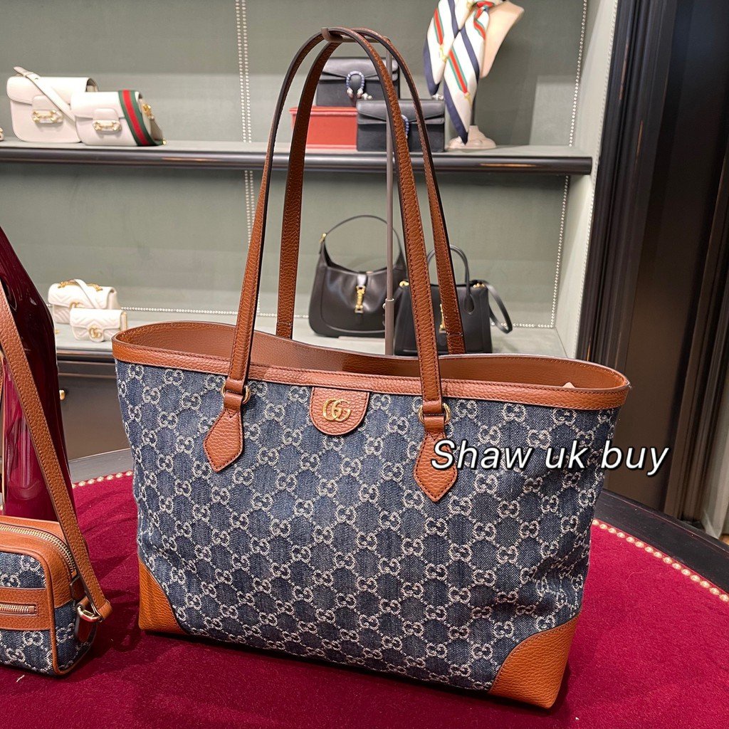 二手正品Gucci 古馳 ophidia 經典老花牛仔 中號 tote 女包 托特包 購物袋 手袋 手提包 631685