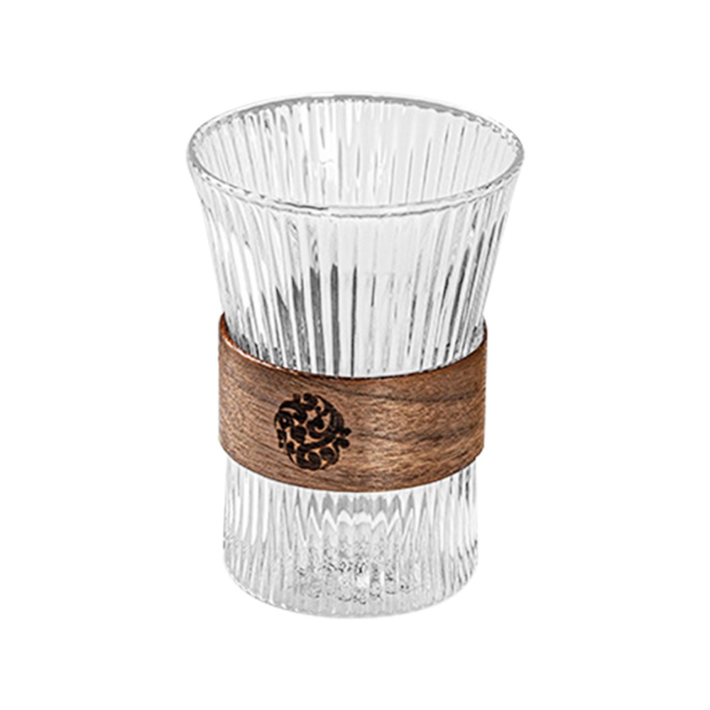 豎紋玻璃杯 喝水杯子泡茶杯 高硼硅玻璃咖啡杯 日式高顏值帶木片隔熱單層杯 透明玻璃泡茶飲料杯單層杯