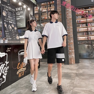 【COUPLE】情侶裝🔥夏季🔥新款港風男polo衫短褲套裝女氣質連衣裙學生班服潮