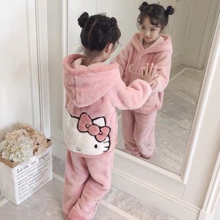 秋冬季加厚珊瑚絨kitty兒童睡衣 女童可愛連帽法蘭絨家居服卡通女孩套裝