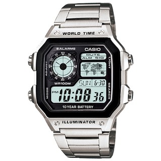 【CASIO】十年之旅世界城市方款不鏽鋼電子錶(AE-1200WHD-1A)正版宏崑公司貨