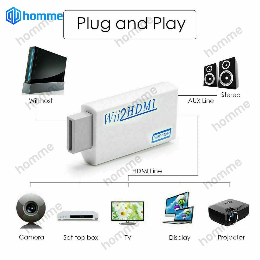 便攜式 Wii 轉 HDMI Wii2HDMI 全高清轉換器音頻輸出適配器電視黑色 Hommee