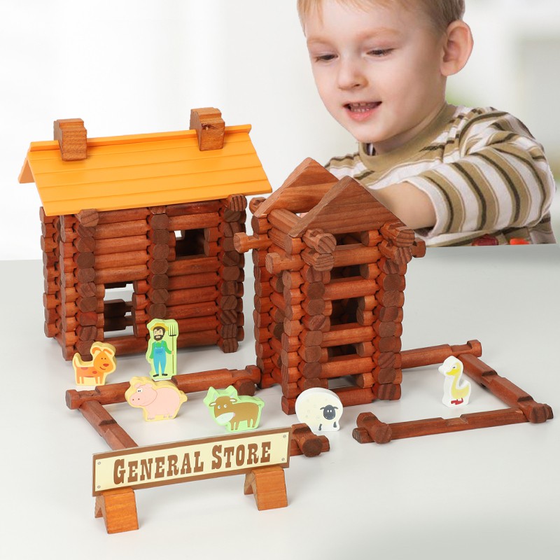 嬰兒兒童玩具﹍木質165PCS建造小木屋原木創意建筑拼搭拼插積木林肯房3-6歲玩具11