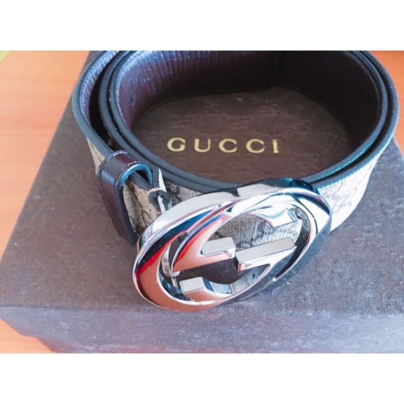 GUCCI 專櫃 正品雙G 銀頭 Logo 經典款 牛皮皮帶 男款