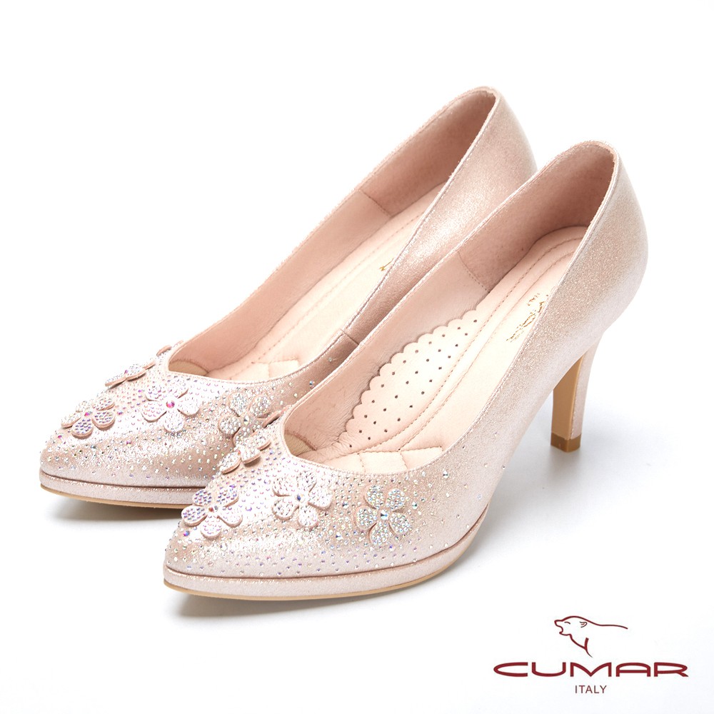 【CUMAR】璀璨閃耀-立體花卉水鑽點綴防水台高跟鞋 - 亮粉
