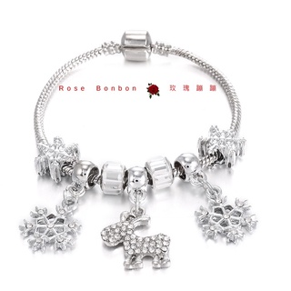 聖誕節手環手鍊 潘朵拉風格款 麋鹿雪花亮鑽吊墜串珠飾品Rose Bonbon