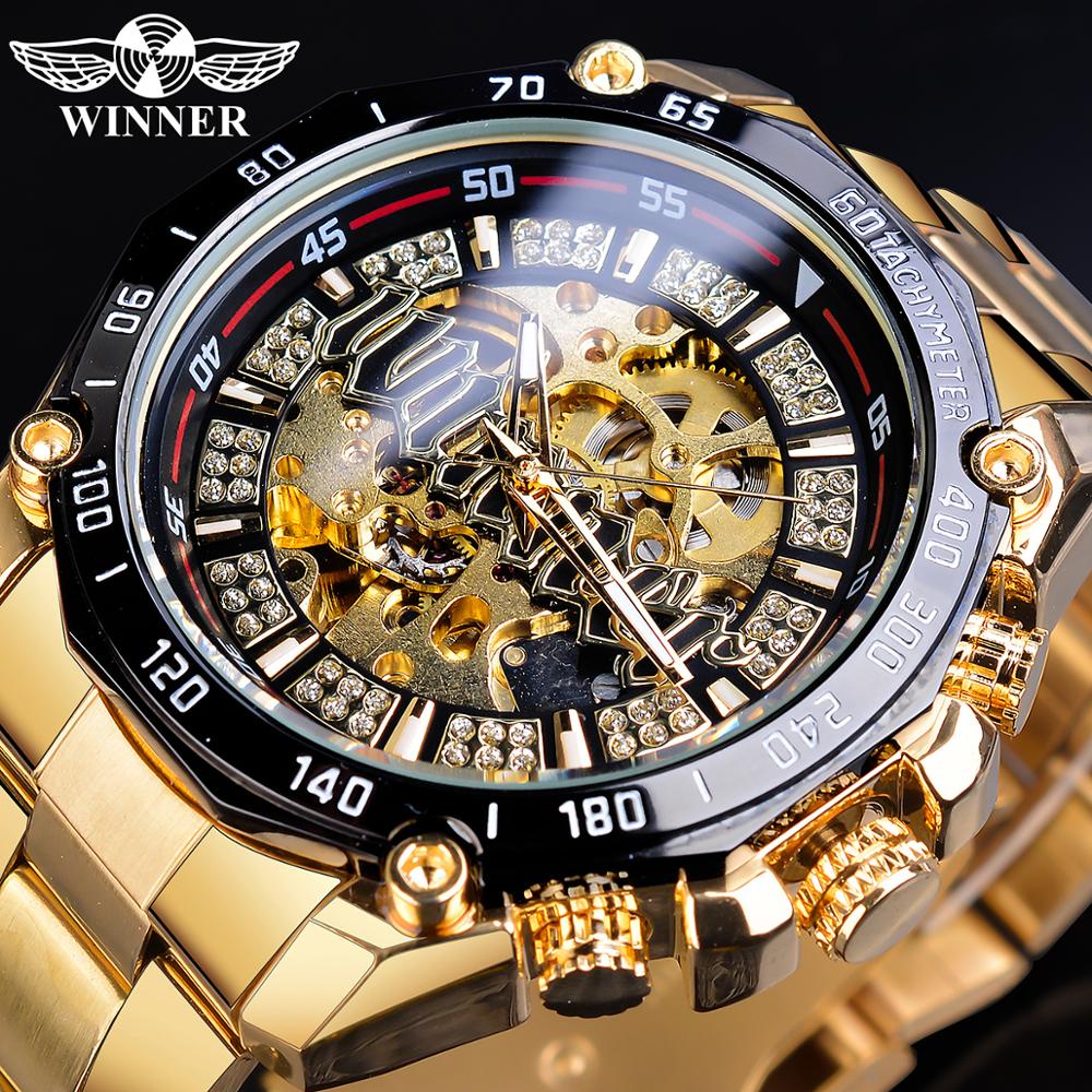 WINNER 男士蒸汽朋克時尚金色鏤空透明男士自動鏤空機械腕錶頂級品牌奢華夜光