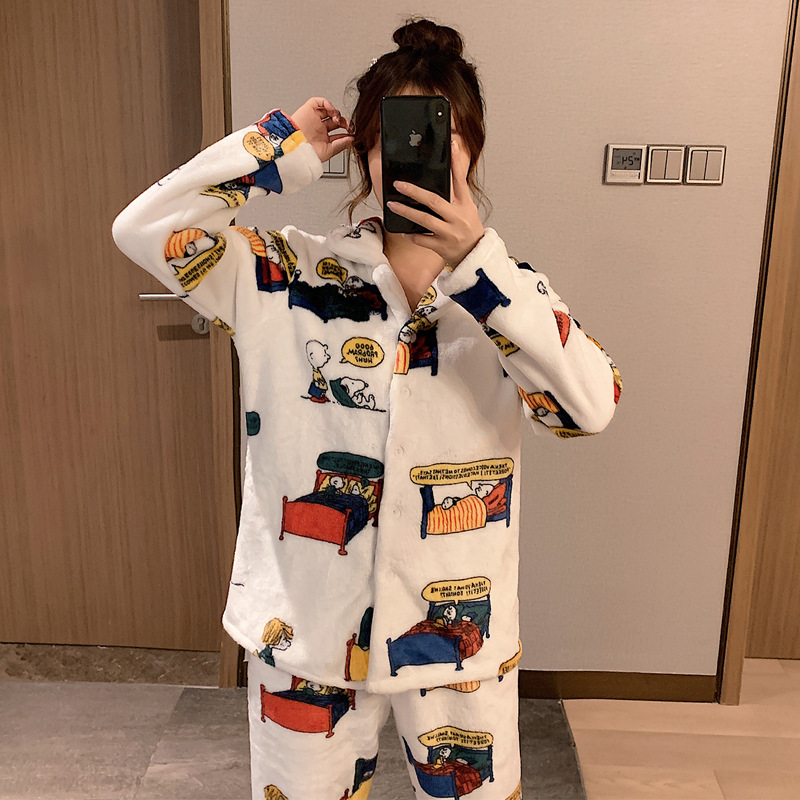 趣味研究所 送眼罩 現貨ins韓風查理史努比珊瑚絨保暖睡衣可愛少女心卡通印花冬天保暖法蘭絨長袖睡衣珊瑚絨家居服套裝