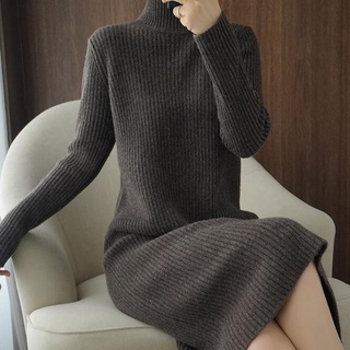 愛依依 洋裝 針織裙 打底裙 新款長款過膝毛衣裙女半高領加厚保暖羊毛針織韓國禦寒打底連身裙N125.8730
