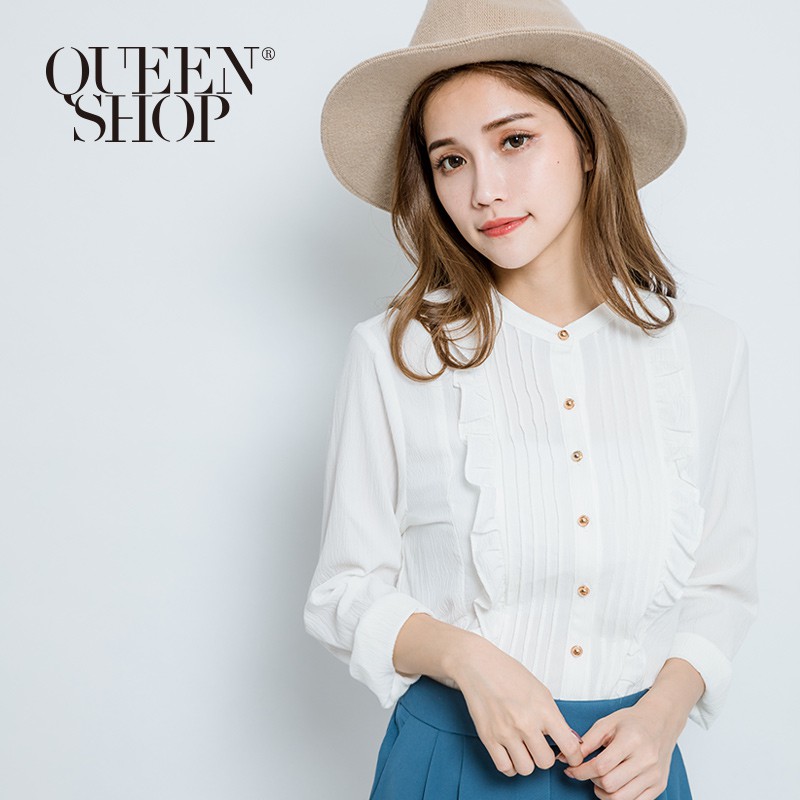 QUEENSHOP 【01051296】荷葉邊立褶上衣 S/M＊預購＊