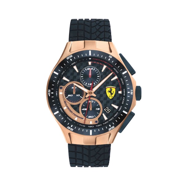 【Ferrari 法拉利】賽車急速金框胎紋橡膠設計質感腕錶-玫金框/FA0830699/台灣總代理公司貨享兩年保固