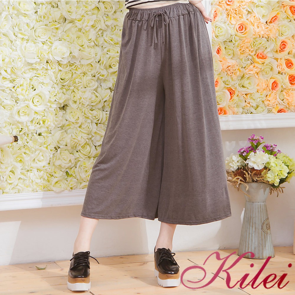 【Kilei】素色腰抽繩鬆緊可綁結長褲寬褲XA3716-03(質感灰)全尺碼