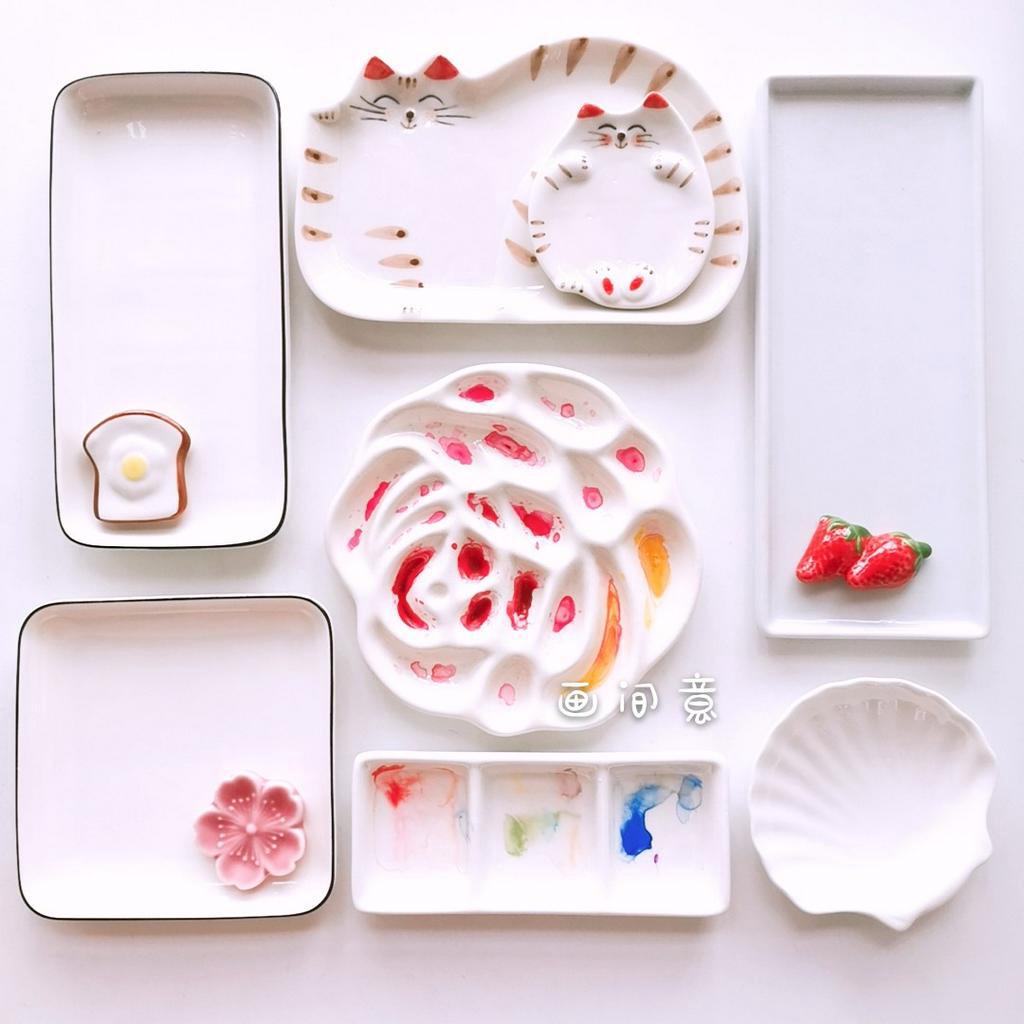 ☪調色盤☪現貨 水彩 調色盤 陶瓷油畫國畫繪畫顏料白瓷質長方形專業級玫瑰花 調色盤