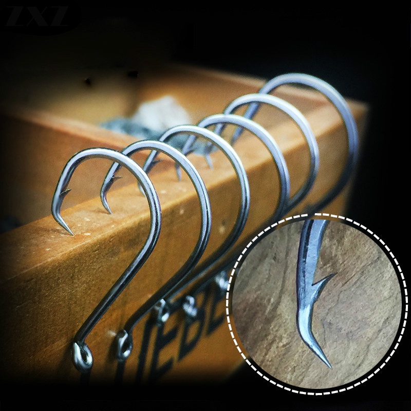 50 件裝大魚鉤 5/0 曲柄鉤帶刺魚鉤釣具魚鉤勺子單海釣鉤鹹水超級