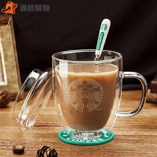 保溫加厚咖啡杯 特惠 水杯 星巴克 配杯蓋 交換禮物 高硼矽玻璃杯 耐熱透明杯 帶把雙層隔熱水杯