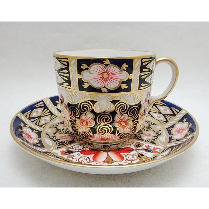 【拾年之路】 百年歲月英國製Royal Crown Derby伊萬里風格手繪鈷藍描金咖啡杯+盤(免運)