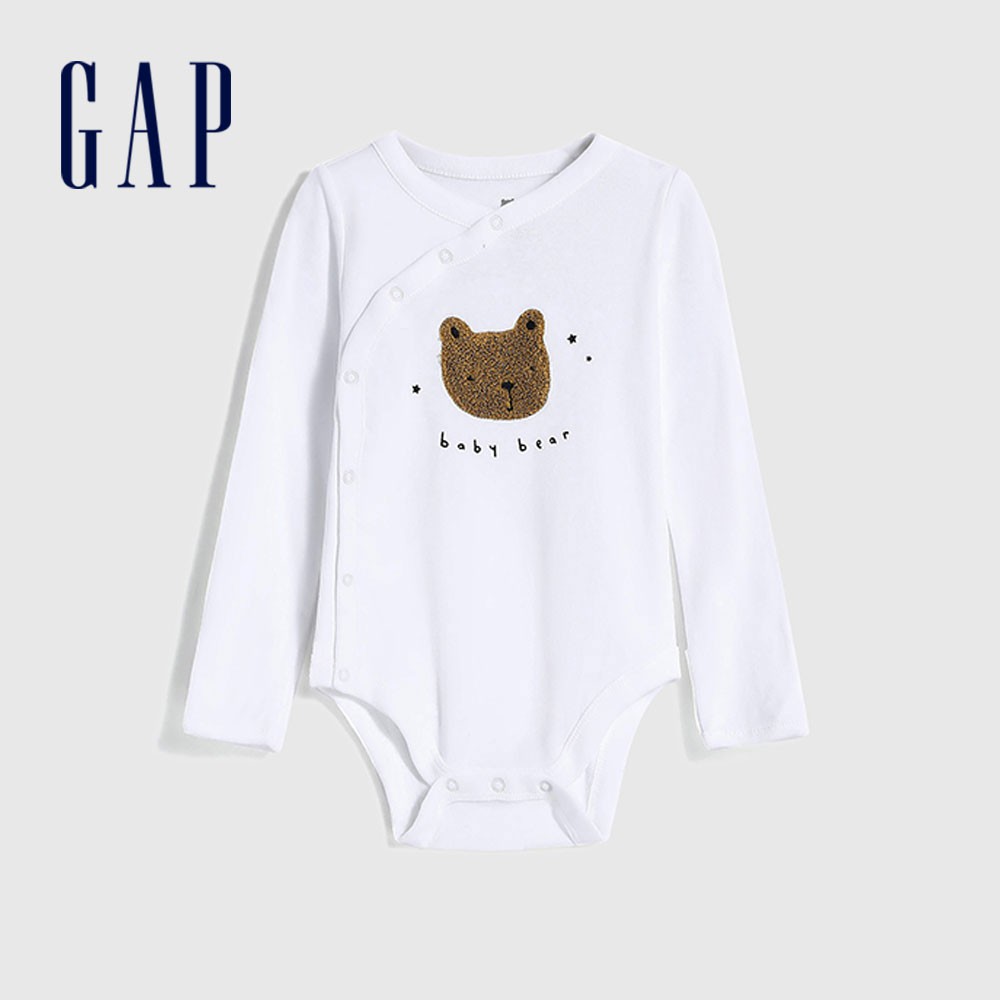 Gap 嬰兒裝 可愛小熊和尚服長袖包屁衣-白色(622860)