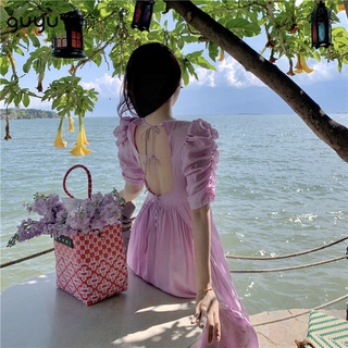 女神露背紫色長洋裝【現貨S-XL】2022夏天新款度假連身裙收腰大擺沙灘裙長裙