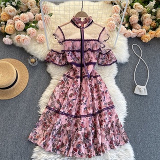 JYUN'S 春夏新款歐美風網紗蕾絲花邊重工刺繡花朵氣質立領荷葉邊大擺連衣裙短袖洋裝連身裙 1色S 現貨