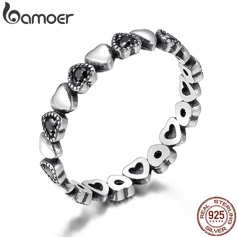 【Bamoer】925純銀 黑色愛心鋯石戒指 可選尺寸 簡約時尚 情人節禮物 生日禮物  韓系戒指