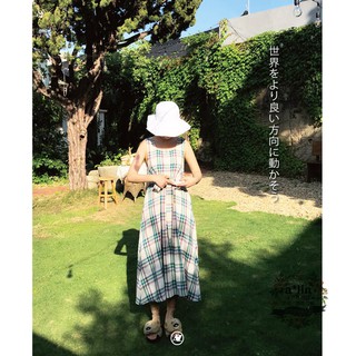 Korea法式復古方領清新格紋綁帶洋裝／綠格F／無袖 棉麻 中長款 背心裙 連衣裙 連線【alin美妝雜貨】