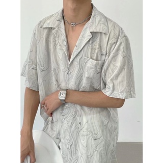 港風復古男襯衫冰絲古著垂感波浪紋短袖花襯衫男夏季小眾寬鬆休閒沙灘古巴領襯衣親膚透氣短袖衫 痞帥文藝男上衣