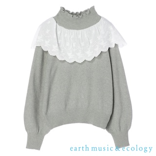 earth music&ecology 花邊蕾絲領拼接捲邊高領蓬袖針織衫(1B17L2C0100)