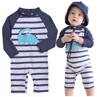 1-7 歲嬰兒條紋恐龍泳衣兒童長袖泳衣兒童海軍泳裝