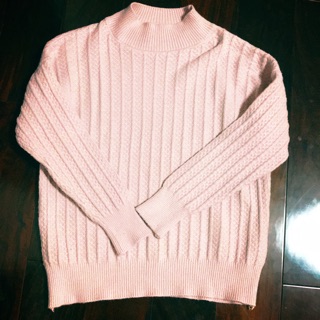 正韓 粉色針織素面長袖上衣 冬日保暖 氣質