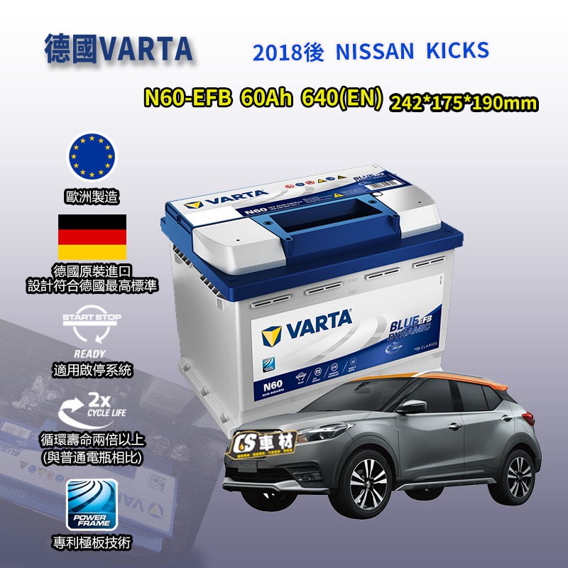 CS車材-VARTA 華達電池 NISSAN KICKS 18年後 N60 D52 代客安裝 非韓製