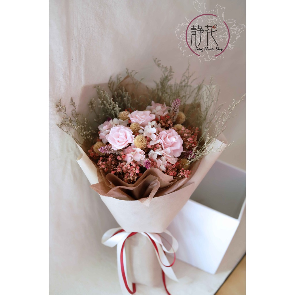 現做 平價粉色玫瑰花束 畢業花束 情人節 母親節 畢業訂製 捧花 乾燥花 永生玫瑰 蝦皮購物