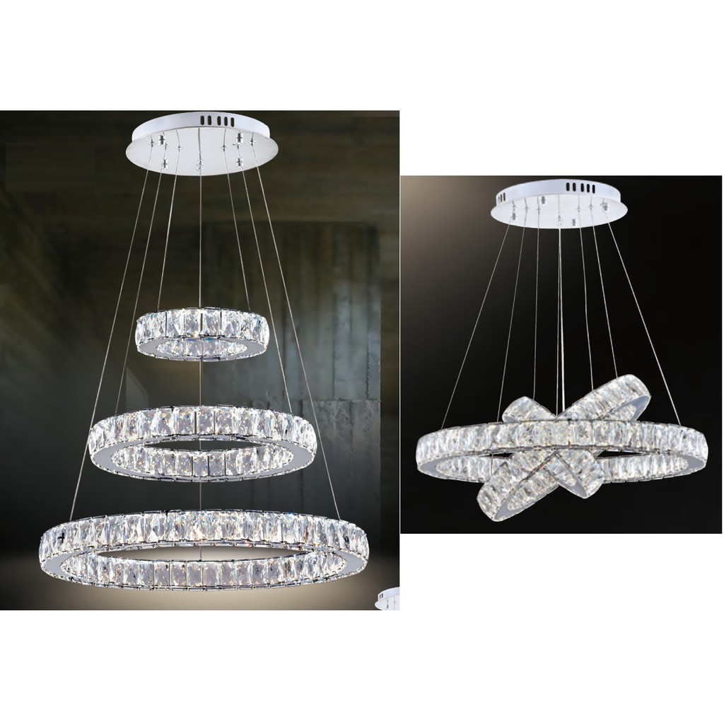 《》72W+72W LED環形吊燈，水晶吊燈-三環式，附LED壁切開關，可變化三種色溫，不鏽鋼本體+水晶珠，另有單環雙環
