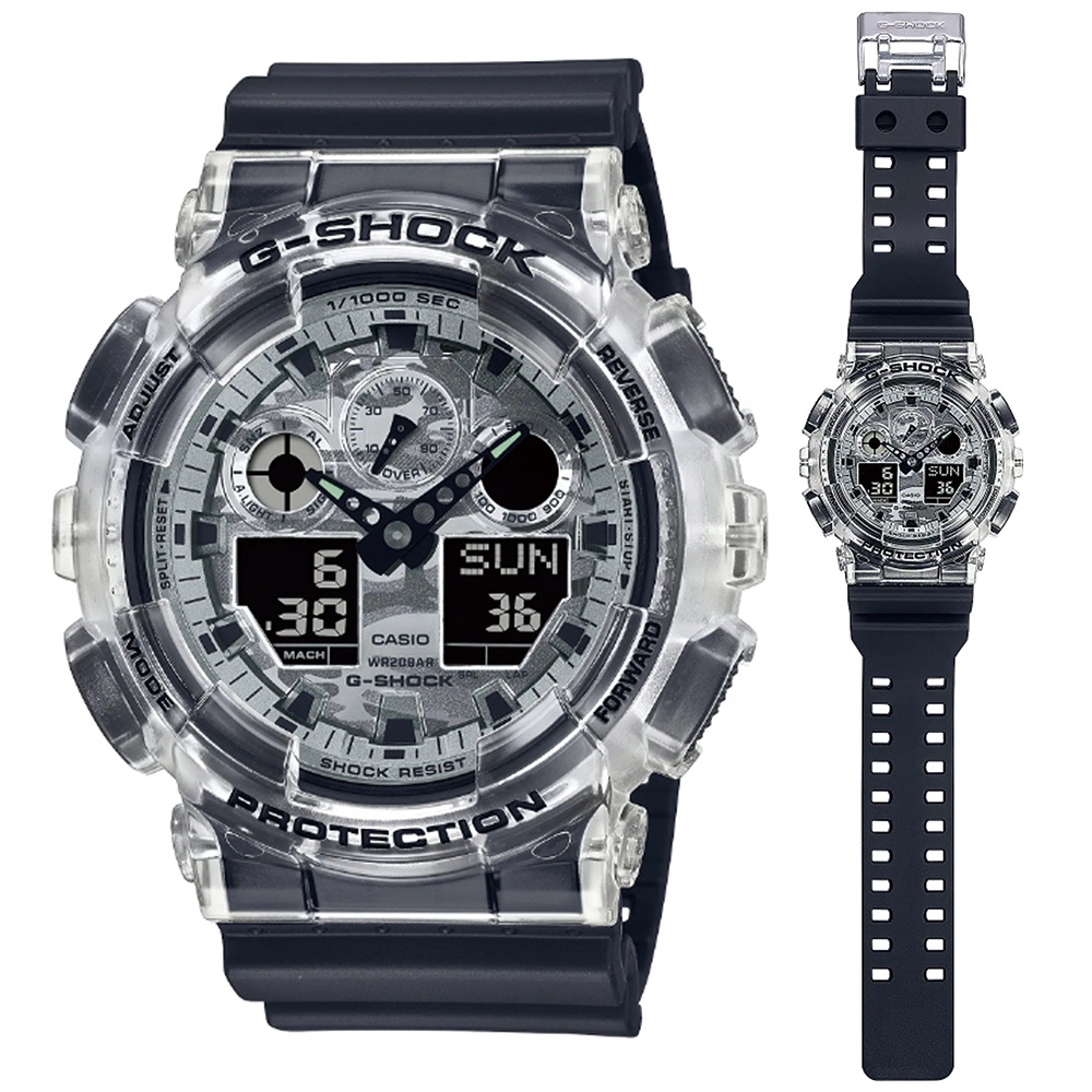 【CASIO 卡西歐】G-SHOCK 灰階迷彩錶盤半透明錶圈時髦圓形雙顯錶(GA-100SKC-1A)