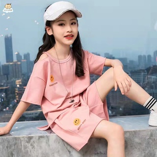 韓版網紅套裝 新款洋裝 女童夏季套裝2022新款時髦兒童休閑運動洋氣夏裝露肩短袖兩件套潮