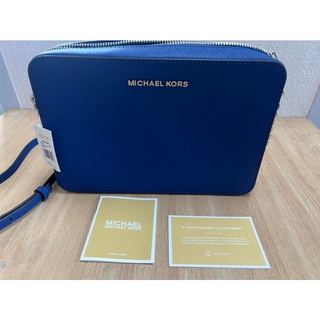 Michael Kors MK JET SET ITEM系列 防刮牛皮皮革 金字LOGO 斜背包 方包 相機包-寶藍色