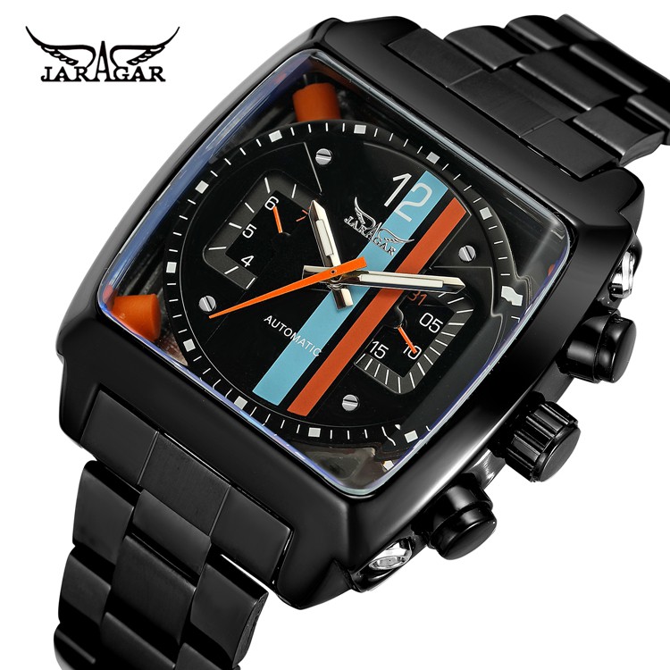 JARAGAR 原廠正品 歐美名牌范 創意方形拚色錶盤設計 日期星期 夜光 全自動機械錶 時尚商務型男百搭鋼帶男錶