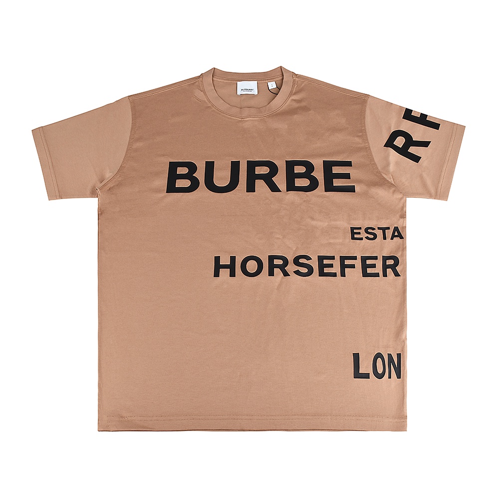 BURBERRY HORSEFERRY 黑字印花LOGO大寫字母設計純棉寬鬆短袖T恤(女款/駝)