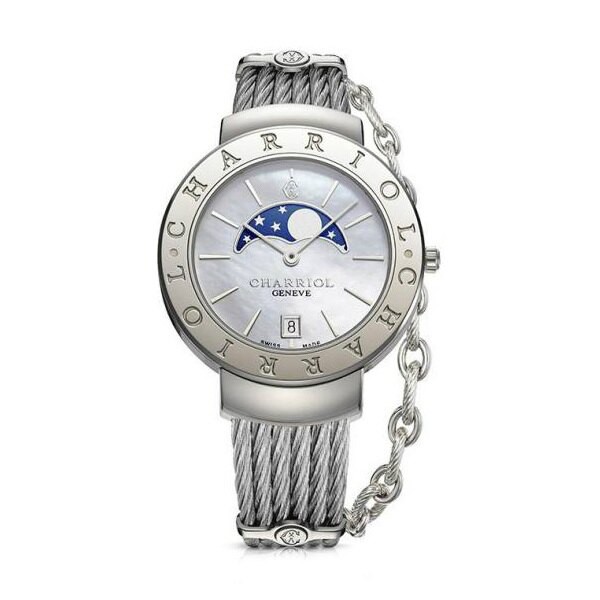 CHARRIOL 夏利豪 ST35CS560001 月象盈虧優雅鋼索腕錶 /珍珠母貝面 35mm