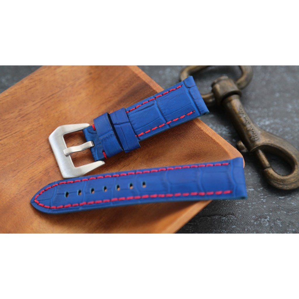 24mm收22mm沛納海的新衣,加厚版寶藍色高質感可替代panerai原廠錶帶壓鱷魚皮紋真皮錶帶~ 紅色車縫線