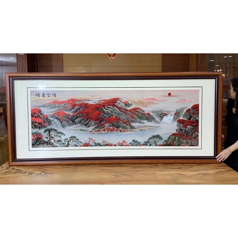 阿一藝品 台灣木框  200公分 山水畫【鴻運當頭】手工湘繡畫 玻璃面 手工刺繡   裝飾畫 家居裝飾 辦工室大廰掛畫